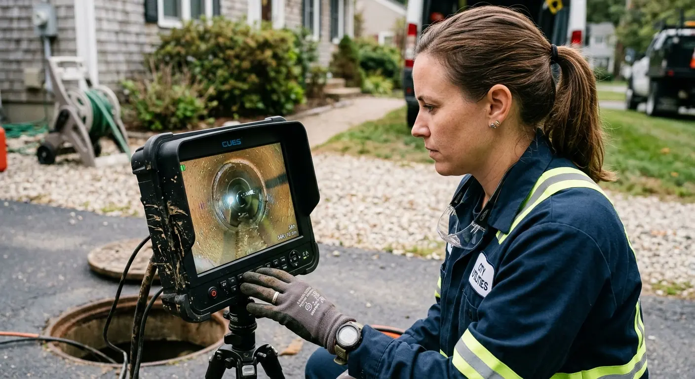 Technician reviewing sewer camera inspection footage in Leawood