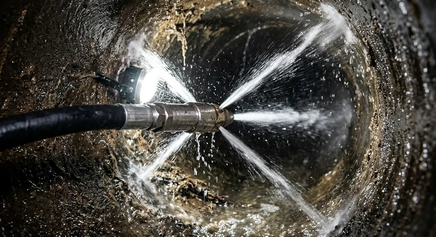 High-pressure hydro jetting nozzle cleaning sewer pipe for Sewer Cleanout in Leawood