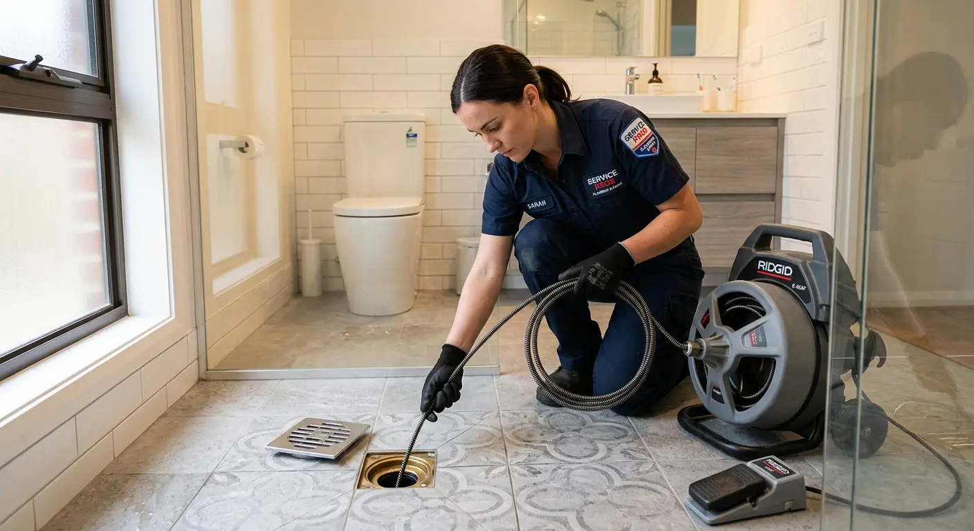 Technician clearing a bathroom floor drain for Drain Repair in Leawood